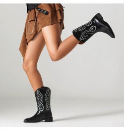 Women Classic Square Toe Mid Calf Cowboy Boots Embroidered Black 4 $36.86 Boots