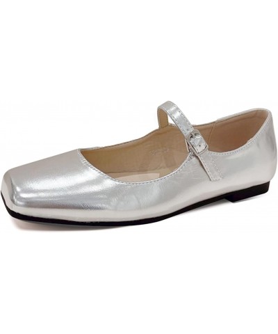 Women's Mary Jane Shoes Comfortable Square Toe Flats Buckle Strap Ballet Flats Comfortable Leather Dress Shoes (Color : Silve...