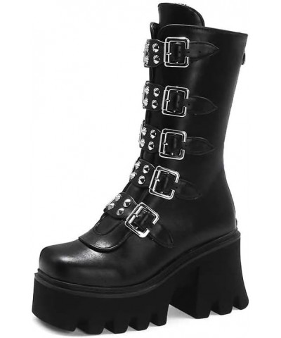 Studded Mid Calf Boots for Women Thick Platform Round Toe Black Goth Punk Buckle Rivet Combat lady boots Black $33.38 Boots