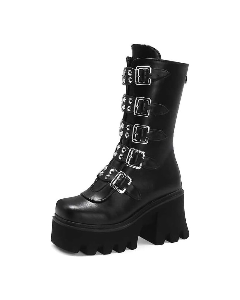 Studded Mid Calf Boots for Women Thick Platform Round Toe Black Goth Punk Buckle Rivet Combat lady boots Black $33.38 Boots