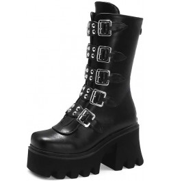 Studded Mid Calf Boots for Women Thick Platform Round Toe Black Goth Punk Buckle Rivet Combat lady boots Black $33.38 Boots