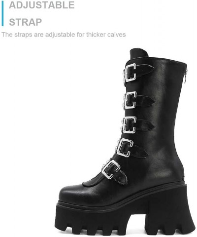 Studded Mid Calf Boots for Women Thick Platform Round Toe Black Goth Punk Buckle Rivet Combat lady boots Black $33.38 Boots