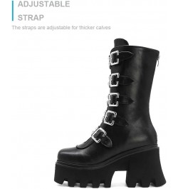 Studded Mid Calf Boots for Women Thick Platform Round Toe Black Goth Punk Buckle Rivet Combat lady boots Black $33.38 Boots