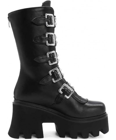 Studded Mid Calf Boots for Women Thick Platform Round Toe Black Goth Punk Buckle Rivet Combat lady boots Black $33.38 Boots