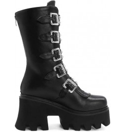 Studded Mid Calf Boots for Women Thick Platform Round Toe Black Goth Punk Buckle Rivet Combat lady boots Black $33.38 Boots