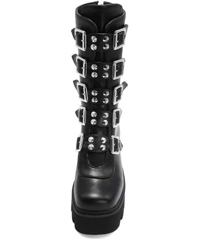 Studded Mid Calf Boots for Women Thick Platform Round Toe Black Goth Punk Buckle Rivet Combat lady boots Black $33.38 Boots