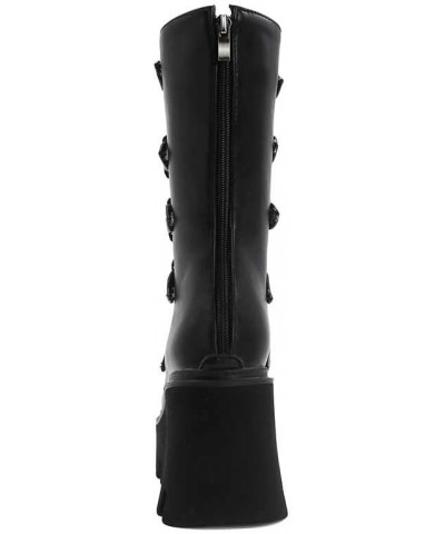 Studded Mid Calf Boots for Women Thick Platform Round Toe Black Goth Punk Buckle Rivet Combat lady boots Black $33.38 Boots