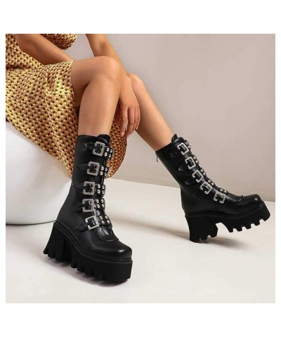 Studded Mid Calf Boots for Women Thick Platform Round Toe Black Goth Punk Buckle Rivet Combat lady boots Black $33.38 Boots