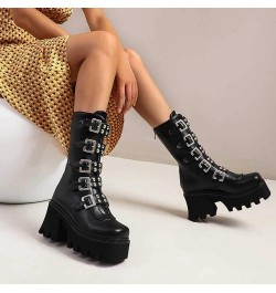 Studded Mid Calf Boots for Women Thick Platform Round Toe Black Goth Punk Buckle Rivet Combat lady boots Black $33.38 Boots