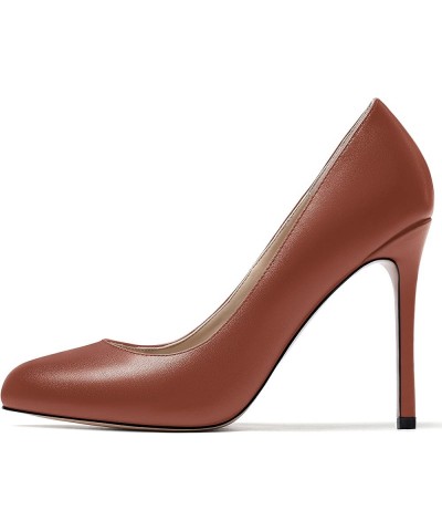 Women's Slip On Solid Round Toe Stiletto High Heel Pumps Shoes 4 Inch Brown $35.24 Pumps