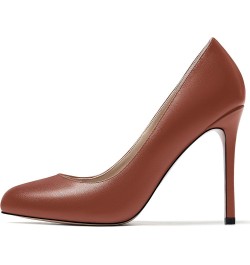 Women's Slip On Solid Round Toe Stiletto High Heel Pumps Shoes 4 Inch Brown $35.24 Pumps