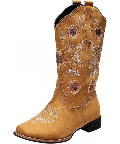 Cowboy Boots For Women Wide Calf Tall Knee High Embroidered Pull-On Fashion Chunky Heel Cowgirl Western Boots Zj-yellow $23.7...