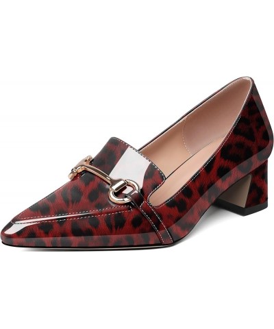 Low Block Chunky Heels Slip on Women's Pointed Toe Pumps Loafers 2 Inch Closed Toe Shoes Patent Leopard Red $36.39 Pumps