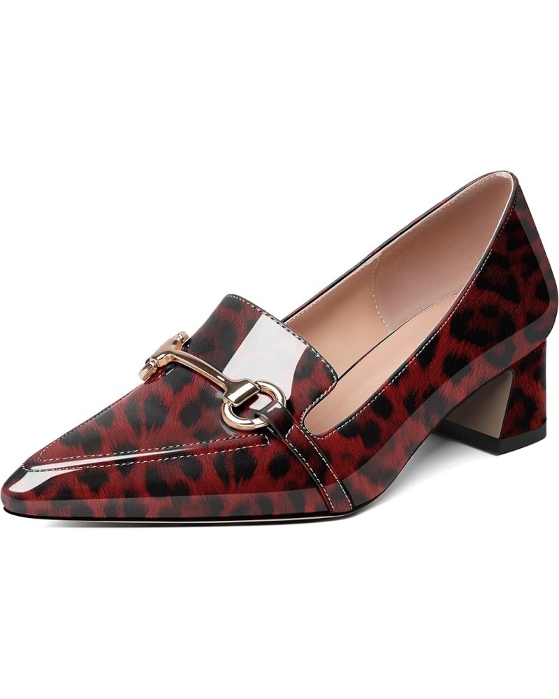 Low Block Chunky Heels Slip on Women's Pointed Toe Pumps Loafers 2 Inch Closed Toe Shoes Patent Leopard Red $36.39 Pumps