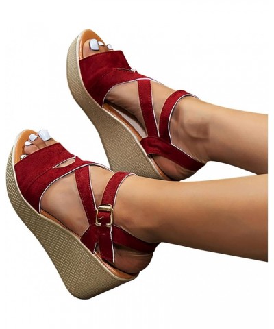 Women's Fashion Sandals Ladies Strap Sandals Roman Fish Mouth Open Toe Fashion Causal Wedge Platform Solid Color Red $15.50 S...