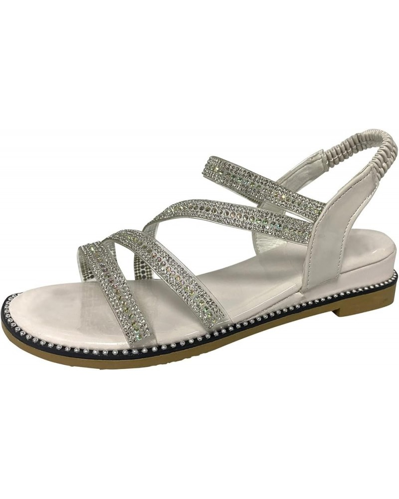 Ladies Fashion Summer Thin Strap Rhinestone Elastic Fish Mouth Flat Sandals Women Sandals Size 10.5 Wide (Green, 7) Beige 9 $...