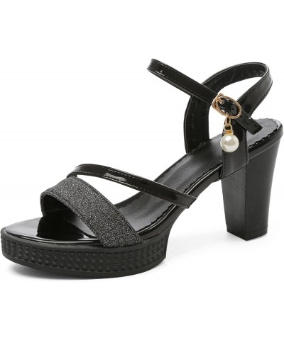 Women Sandals, Open Toe High Heel Sandals Buckle Block Heel Sandals Ankle Strap With Platform Glitter, Size 3.5-10 Black $24....