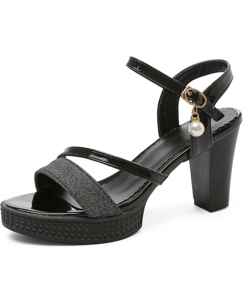 Women Sandals, Open Toe High Heel Sandals Buckle Block Heel Sandals Ankle Strap With Platform Glitter, Size 3.5-10 Black $24....