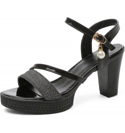 Women Sandals, Open Toe High Heel Sandals Buckle Block Heel Sandals Ankle Strap With Platform Glitter, Size 3.5-10 Black $24....