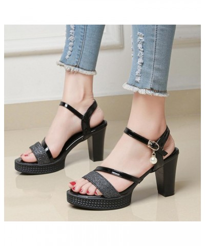 Women Sandals, Open Toe High Heel Sandals Buckle Block Heel Sandals Ankle Strap With Platform Glitter, Size 3.5-10 Black $24....