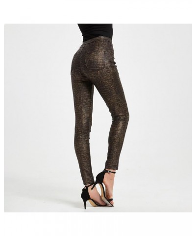 Tight Height Waist PU Coated Pants Sexy Little Feet Print Pants Women Gold - 2024 Pants for Women $17.10 Outdoor Shoes