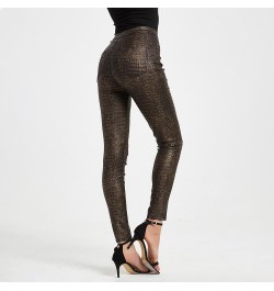 Tight Height Waist PU Coated Pants Sexy Little Feet Print Pants Women Gold - 2024 Pants for Women $17.10 Outdoor Shoes