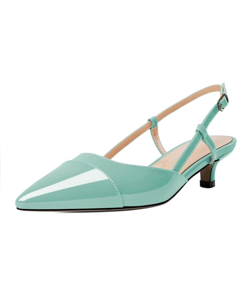 Women Slingback Low Kitten Heel Pumps Cap Pointed Toe Dress Shoes 1.5 Inch Heeled Sandals with Adjustable Strap Patent Mint G...