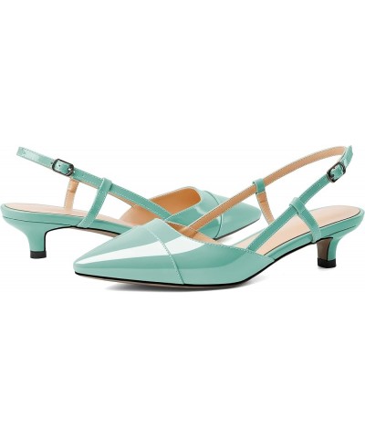 Women Slingback Low Kitten Heel Pumps Cap Pointed Toe Dress Shoes 1.5 Inch Heeled Sandals with Adjustable Strap Patent Mint G...