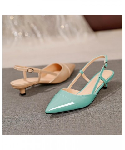 Women Slingback Low Kitten Heel Pumps Cap Pointed Toe Dress Shoes 1.5 Inch Heeled Sandals with Adjustable Strap Patent Mint G...