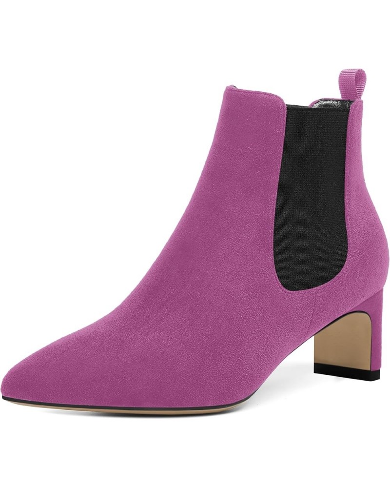 Womens Bungee Office Casual Pointed Toe Suede Chunky Low Heel Ankle High Boots 2 Inch Fuchsia Black $36.00 Boots