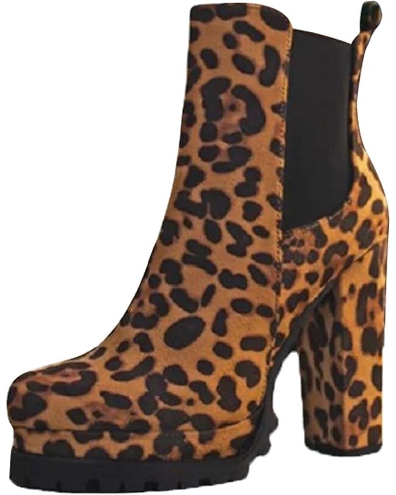 Cowboy Boots for Women,Women's Leopard Round Toe Chunky High Heel Platform Ankle Booties Motorcycle Cowgirl Boots Brown $19.2...