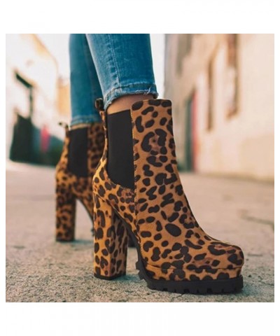 Cowboy Boots for Women,Women's Leopard Round Toe Chunky High Heel Platform Ankle Booties Motorcycle Cowgirl Boots Brown $19.2...