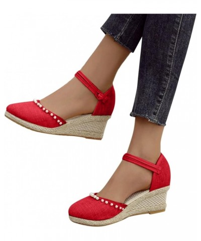 Sandals Women Dressy Summer,Womens Fashion Closed Toe Wedge Beach Sandals Ankle Strap Casual Walkling Shoes Z22-red $19.58 Sa...