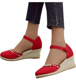 Sandals Women Dressy Summer,Womens Fashion Closed Toe Wedge Beach Sandals Ankle Strap Casual Walkling Shoes Z22-red $19.58 Sa...