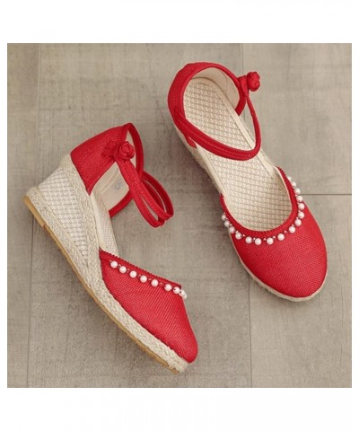 Sandals Women Dressy Summer,Womens Fashion Closed Toe Wedge Beach Sandals Ankle Strap Casual Walkling Shoes Z22-red $19.58 Sa...