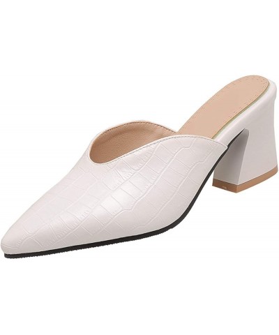 Women's Sexy Pointed Toe Mules Slip On Chunky Block High Heels Stone Pattern Dress Mule Slippers Shoes White $28.55 Mules & C...