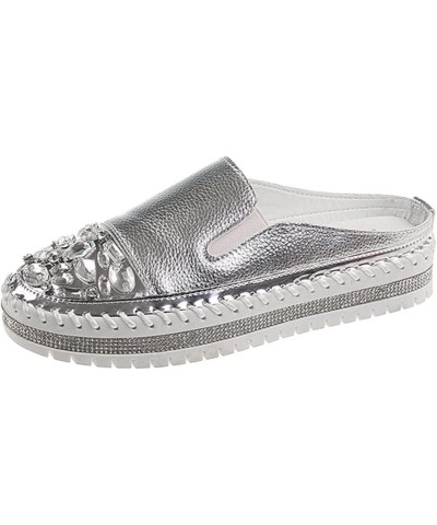 Ladies Fashion Solid Leather Rhinestone Decoration Thick Sole Casual Half Slippers Women Casual Shoes 7 Silver $15.58 Fashion...