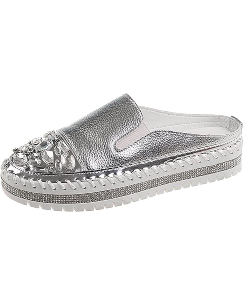 Ladies Fashion Solid Leather Rhinestone Decoration Thick Sole Casual Half Slippers Women Casual Shoes 7 Silver $15.58 Fashion...