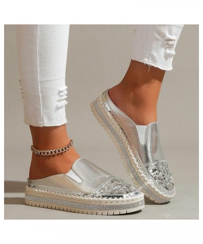 Ladies Fashion Solid Leather Rhinestone Decoration Thick Sole Casual Half Slippers Women Casual Shoes 7 Silver $15.58 Fashion...