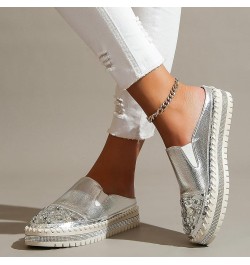 Ladies Fashion Solid Leather Rhinestone Decoration Thick Sole Casual Half Slippers Women Casual Shoes 7 Silver $15.58 Fashion...