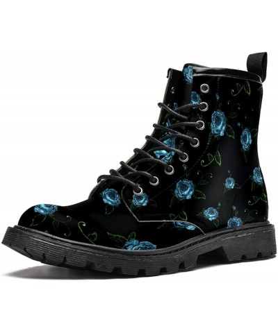 Winter Shoes for Women Girls Blue Rose High Top Lace Up Leather Boots Stylish Print Ankle Booties 6.5 Multicoloured $32.79 Boots