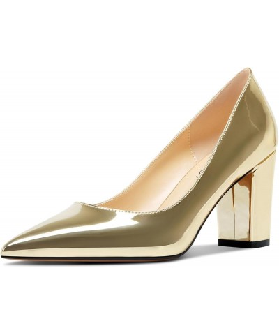 Women Pumps Pointed Toe Slip on Mid Heel Dress Office Chunky Block Heels Shoes 3 Inches Gold $34.44 Pumps