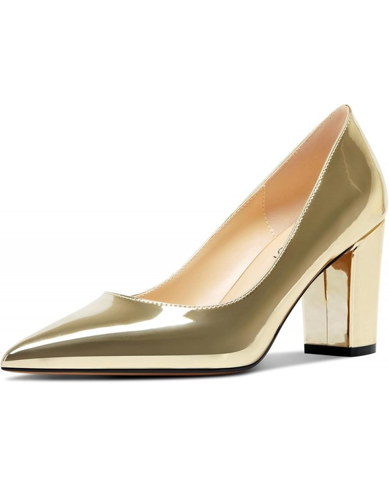 Women Pumps Pointed Toe Slip on Mid Heel Dress Office Chunky Block Heels Shoes 3 Inches Gold $34.44 Pumps