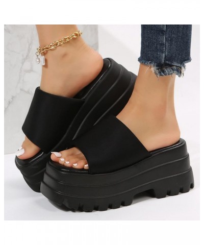 Ladies Fashion Summer Solid Color Cloth Open Toe Platform Thick Sole Sandals Women's Heeled Sandals Black $25.66 Sandals