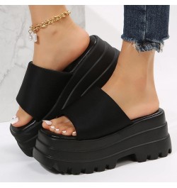 Ladies Fashion Summer Solid Color Cloth Open Toe Platform Thick Sole Sandals Women's Heeled Sandals Black $25.66 Sandals