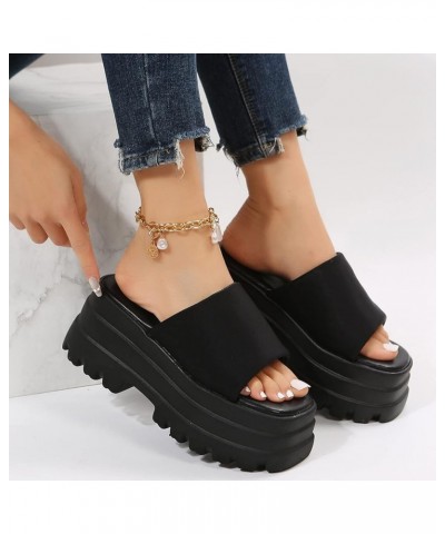 Ladies Fashion Summer Solid Color Cloth Open Toe Platform Thick Sole Sandals Women's Heeled Sandals Black $25.66 Sandals