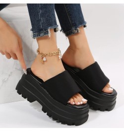 Ladies Fashion Summer Solid Color Cloth Open Toe Platform Thick Sole Sandals Women's Heeled Sandals Black $25.66 Sandals