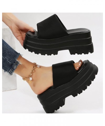 Ladies Fashion Summer Solid Color Cloth Open Toe Platform Thick Sole Sandals Women's Heeled Sandals Black $25.66 Sandals