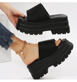 Ladies Fashion Summer Solid Color Cloth Open Toe Platform Thick Sole Sandals Women's Heeled Sandals Black $25.66 Sandals