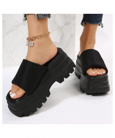 Ladies Fashion Summer Solid Color Cloth Open Toe Platform Thick Sole Sandals Women's Heeled Sandals Black $25.66 Sandals